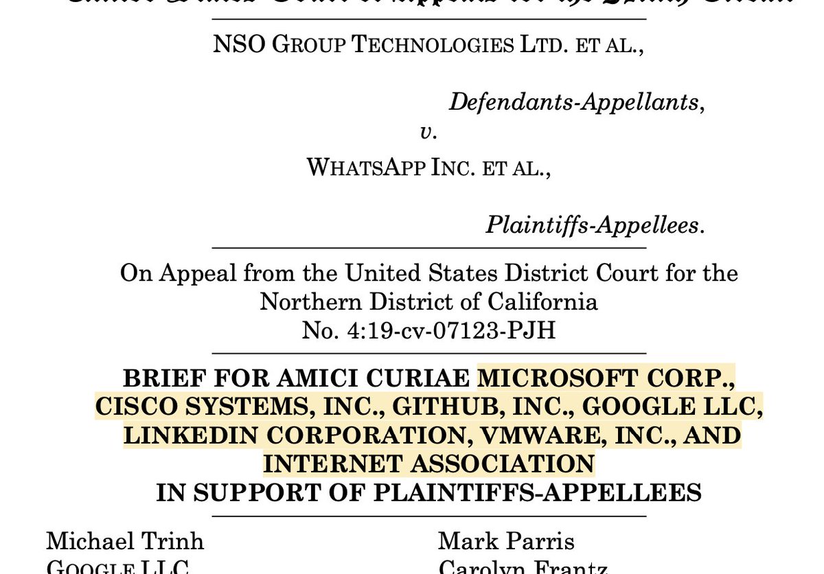 🚨BREAKING: @Microsoft @Google @Cisco @LinkedIn @github @VMware & @InternetAssn joining the @WhatsApp v. #NSOGroup case w/an Amicus brief THREAD 1/ https://t.co/Ft1aOsiH99