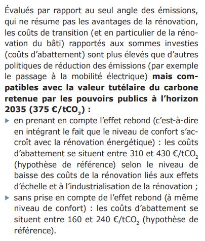 Dans toute cette décarbonation, il faut tout de même se poser la question de l'efficience : cela nous revient à combien d'économiser tout ce CO2? C'est là où le rapport est inquiétant. En tenant compte de l'effet rebond, le coût de la tonne de CO2 évitée serait de... 430 €/tCO2!