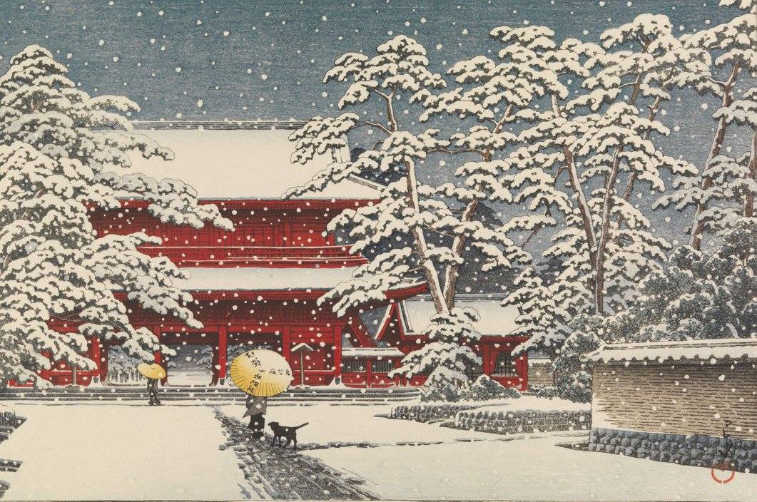 Hasui Kawase (川瀬 巴水 Kawase Hasui, 1883 – 1957)Snow at the Zojoji Temple, 1929
