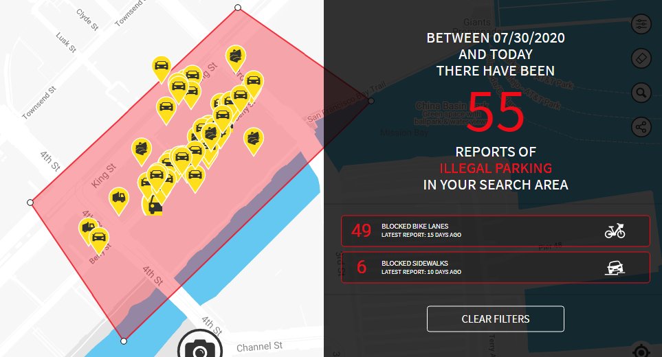 Since that Tweet, there have been 45+ reports of blocked bike lanes on this 1 block of Berry. While it's called a protected lane, it is more porous than protected. When bike lane users go around an obstruction here, they are forced to ride into oncoming traffic. Not safe. 5/