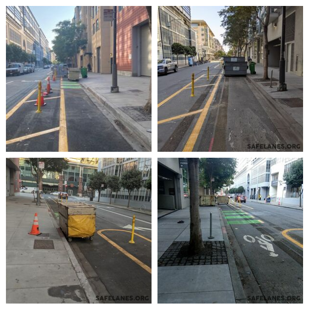 The other main issue of this block is  @RecologySF dumpsters that are left in the bike lane by building managers. It is legal (surprisingly) for them to be left in the bike lane after 6PM based on Public Works code. Most of the blocked bike lane reports are from the afternoon 8/