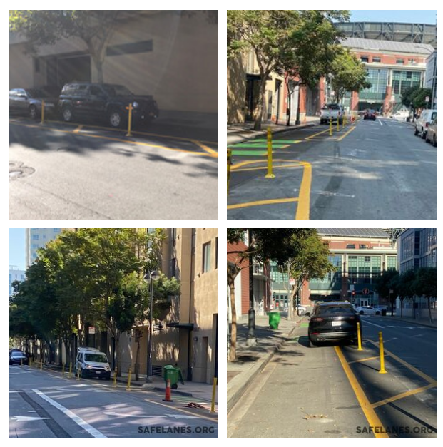 There is a white zone and metered spaces on this block, but that does not keep drivers from parking in the bike lane in front of the  @MissionHousing door and garage at 150 Berry. 6/