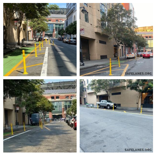 There is a white zone and metered spaces on this block, but that does not keep drivers from parking in the bike lane in front of the  @MissionHousing door and garage at 150 Berry. 6/