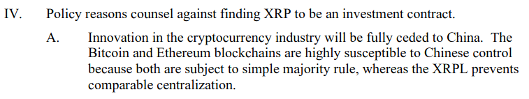 Looks like the Ripple/XRP team is sinking to new levels of strangeness. They're claiming that their shitcoin should not be called a security for *public policy reasons*, namely because Bitcoin and Ethereum are "Chinese-controlled". 😂😂

ripple.com/wp-content/upl…