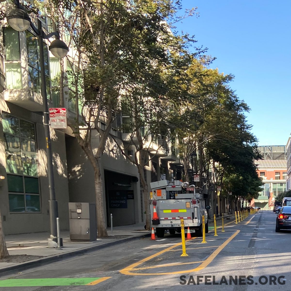 I don't want to give the impression that the issues are only outside of 150 Berry. The entire block is an example of failed protected bike lane design. 7/