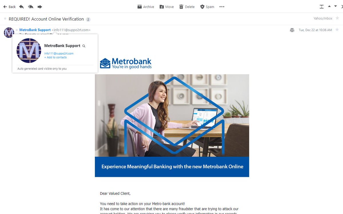 fmsthird's tweet photo. Guys, beware of this modus. Phishing email ❗❗❌❌❌
Always check the sender email and the link/url in the browser. #thinkBeforeYouClick @Metrobank https://t.co/vAatONZqev