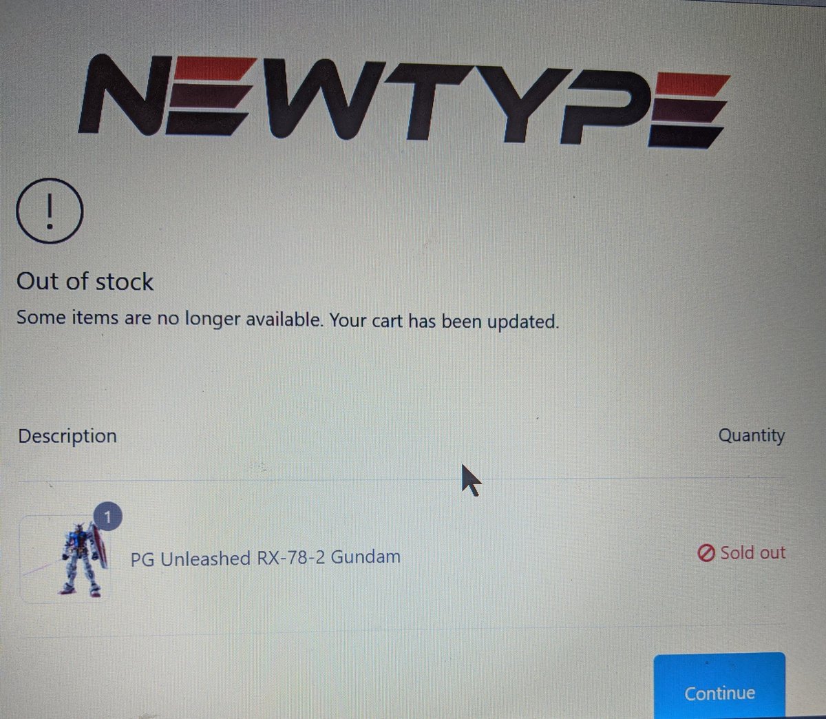 saintazoth's tweet photo. Aaaannnnddd it's Gone! Congrats to all those who got one 🙌🏽 @NewtypeHQ #gundam #gunpla https://t.co/KZXjMz3IZg