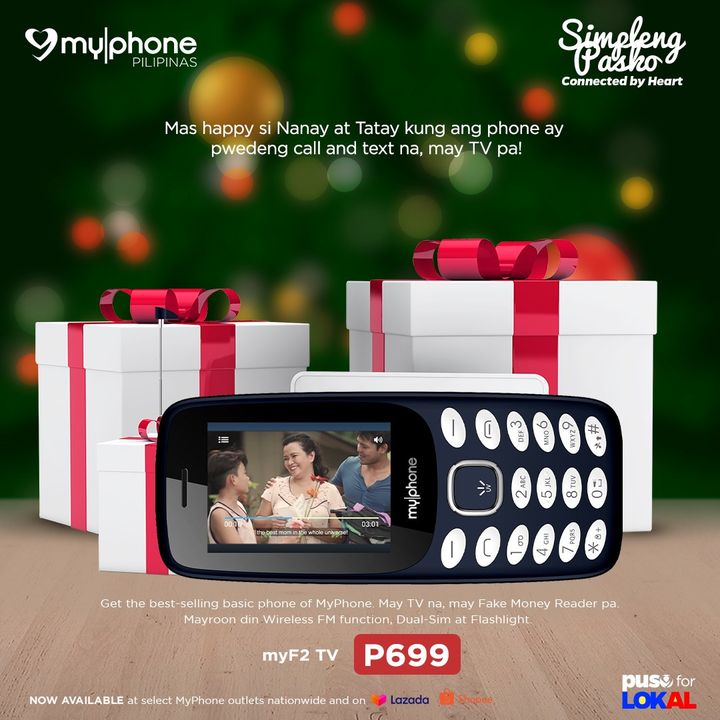 MyPhoneOfficial's tweet photo. Ngayong #SimplengPasko, mas happy si Nanay at Tatay kung ang phone niya reliable for call and text na, may TV pa! tulad ng best-selling #MyPhone myF2 TV. Super Sulit pa for just P699. #PusoForLokal
NOW AVAILABLE at MyPhone outlets nationwide and on Shopee and Lazada. https://t.co/WNrvCrBXtP