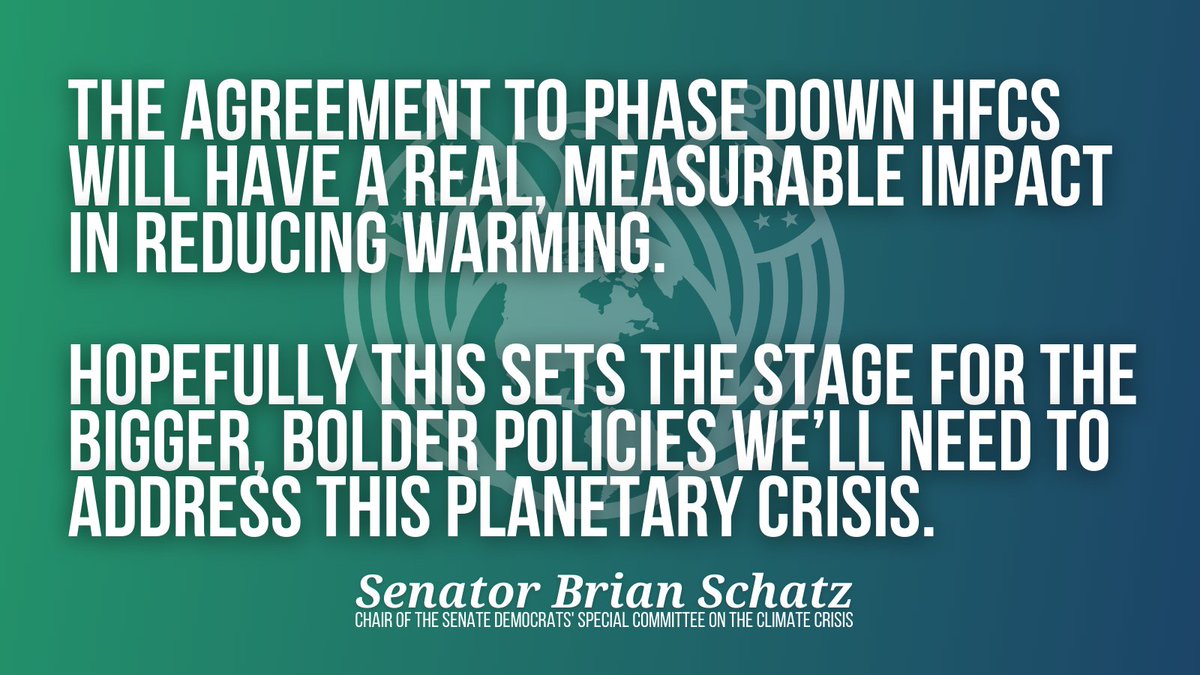 SenDemsClimate's tweet photo. NEW: a big win in our fight against the climate crisis! The U.S. will phase down the use of a potent pollutant: hydrofluorocarbons, or HFCs. Included in the annual spending deal is a provision to reduce HFCs by 85% in the next 15 years, which will help reduce global warming. https://t.co/kjg7jPUTOt