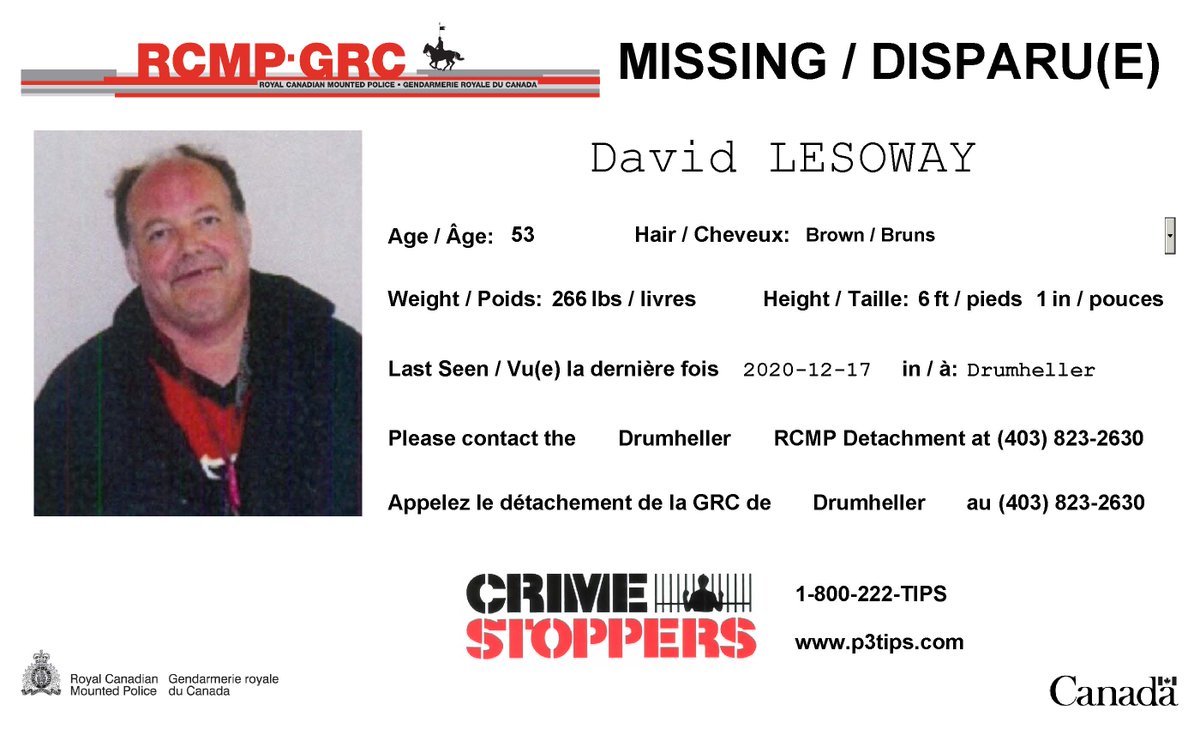 Drumheller, Alta. – Drumheller RCMP is seeking the public’s assistance in locating a 53-year-old male. David Lesoway was last seen on Thursday, Dec.17, 2020, in Drumheller.
