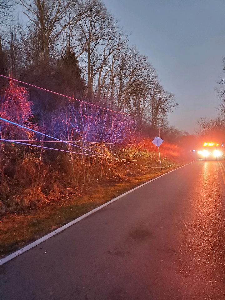 ErlangerFire's tweet photo. Richardson Road shut down currently from Turkeyfoot to Narrows Road due to multiple electrical poles snapped. No injuries. 1 driver was trapped but now is out. Owen Electric on scene. https://t.co/1BqYJrH0C5