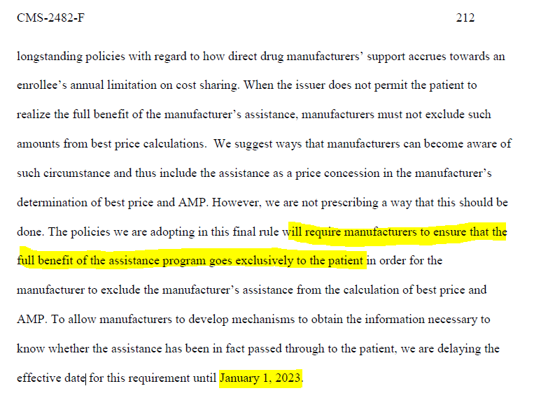 DrugChannels's tweet photo. Big #copay #accumulator news! @CMSGov finalizing policy, but delaying to Jan '23 https://t.co/qUDhmnVxD0

To avoid #AMP impact, manufacturers must ensure "full benefit...goes exclusively to the patient" (vs. plan, #PBM, or 3rd party) 

Glory days over for #SaveonSP &amp; #PrudentRx? https://t.co/ddxg0T8cwB