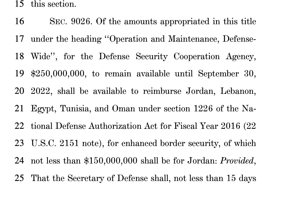 $250 million for border security to "reimburse" various Middle East countries, with $150 million to Jordan. Recipients include Qatar, per capita one of the richest countries in the world. 12/n