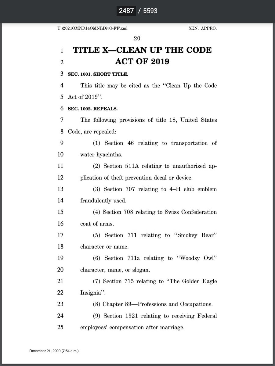 Very important section I just found reading the 5000+ page government spending bill:On page 2487 is a repeal of Section 711 of USC Title 18, which provided six months in jail for misuse of the "Smokey Bear" character or name.