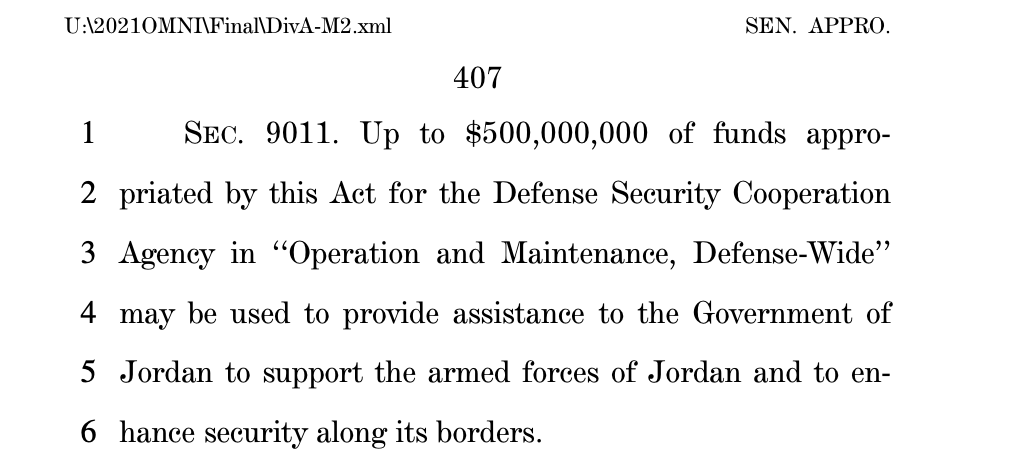 Up to $500 million for Jordanian border security, goes beyond the $150 million. Also funds to guarantee Jordanian loans. Being an Arab country that keeps quiet pays very well. 15/n