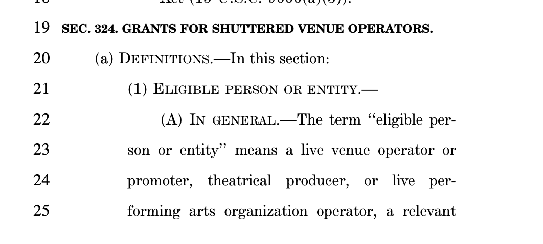 "Grants for shuttered venue operators" bans aid going to "live performances of a prurient sexual nature." No strip club bailouts. 16/n