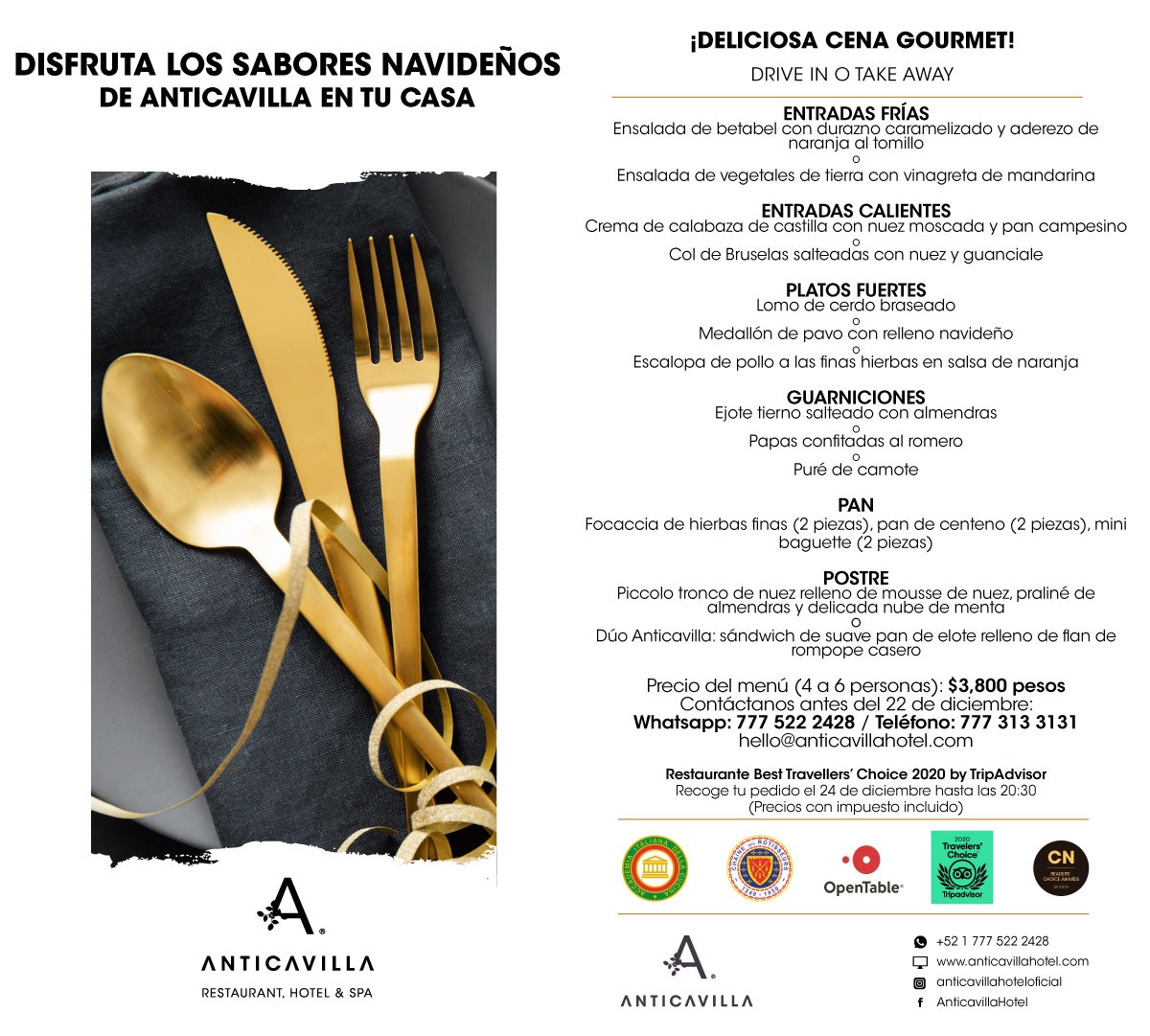 🎄🍽🎄🍴
¡Deliciosa #cenagourmet! 
Drive in o take away.

Disfruta los sabores navideños de #Anticavilla en tu casa con un grandioso menú #gourmet para hasta 6 personas.
Contáctanos antes del 22 de #diciembre:
WhatsApp: bit.ly/ContactoAntica… 
Teléfono: 777 3133131 
#Navidad