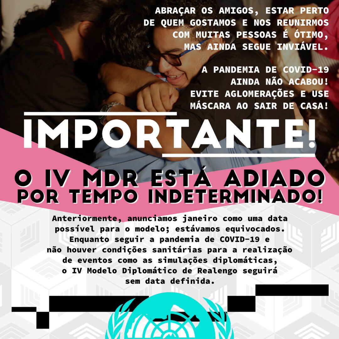 mdrealengo's tweet photo. IMPORTANTE: A QUARTA EDIÇÃO DO MODELO DIPLOMÁTICO DE REALENGO ESTÁ ADIADA POR TEMPO INDETERMINADO! https://t.co/i6OSDqKLh3
