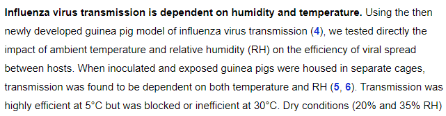 1 - Covid19 and Influenza have different optimal temperature ranges for transmission, with Influenza transmitting efficiently down to 5C.Covid: 13-24CInfluenza: 5-30C https://www.medrxiv.org/content/10.1101/2020.02.13.20022715v1 https://jvi.asm.org/content/88/14/7692