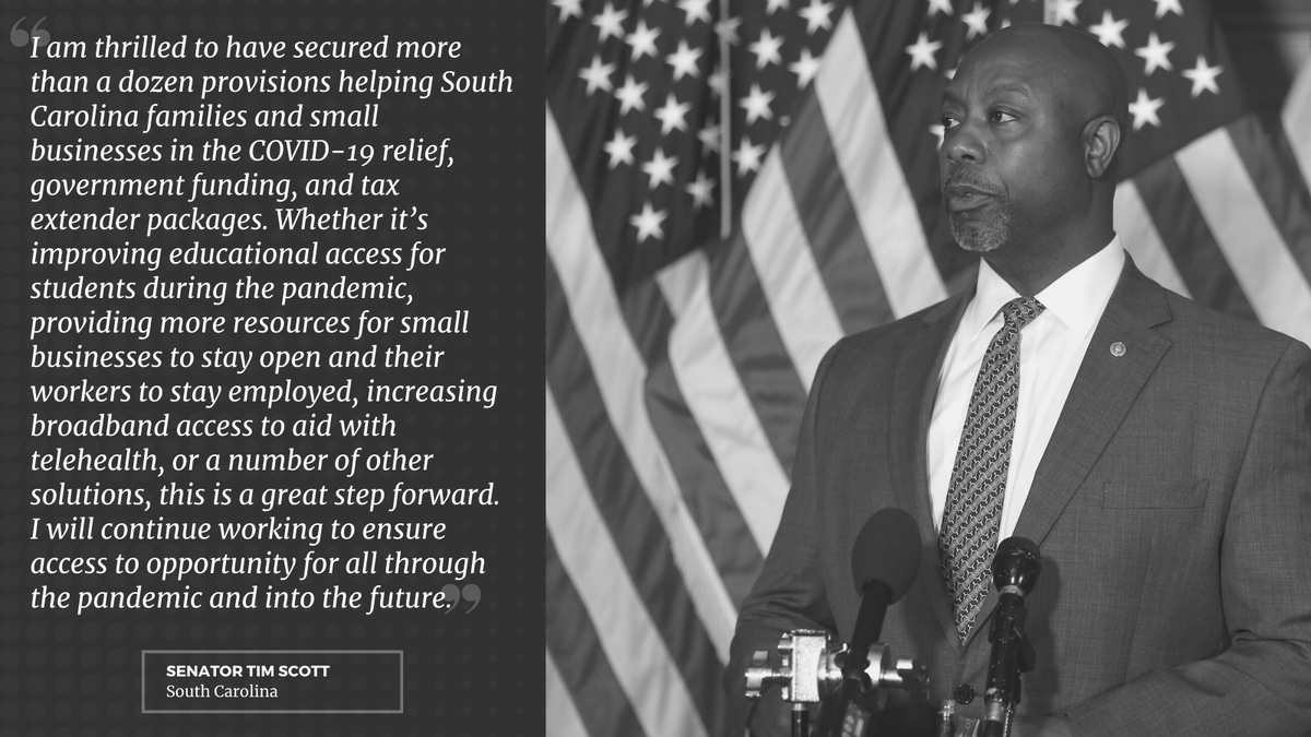 SenatorTimScott's tweet photo. Help is on the way for South Carolinians.

I authored more than a dozen provisions in the major #COVID19 relief, government funding, and tax packages currently before Congress.
 
Read more here: https://t.co/cpCu0khMe5 https://t.co/ltxZUmF3Lt