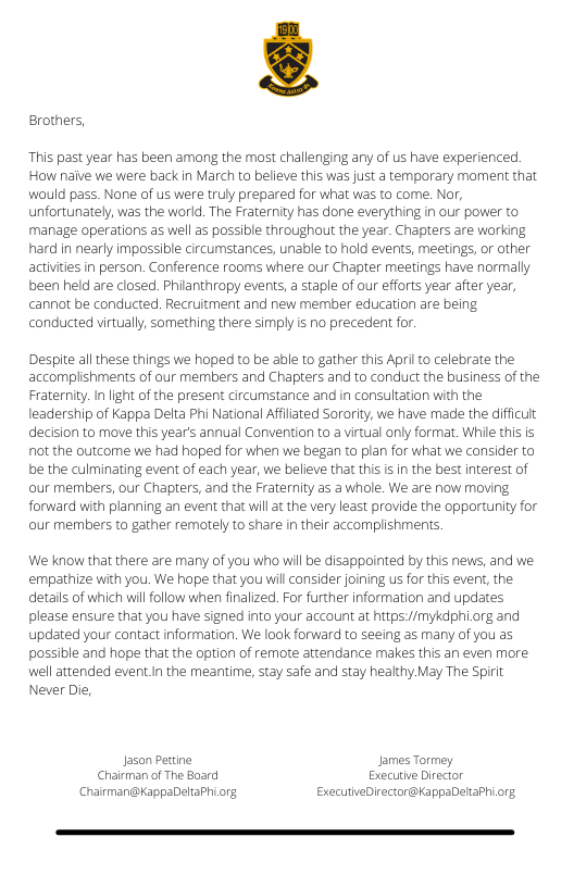 KappaDeltaPhi's tweet photo. Kappa Delta Phi Fraternity's statement regarding Convention 2021: https://t.co/QJTdbvmNEZ