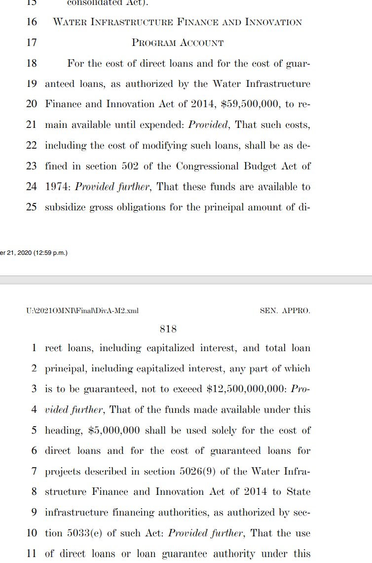 $59.5 million for grants for the "Water Infrastructure Finance and Innovation Program". So if you strap a laptop to a water pipeline or something, you can probably get $10 million in taxpayer funding