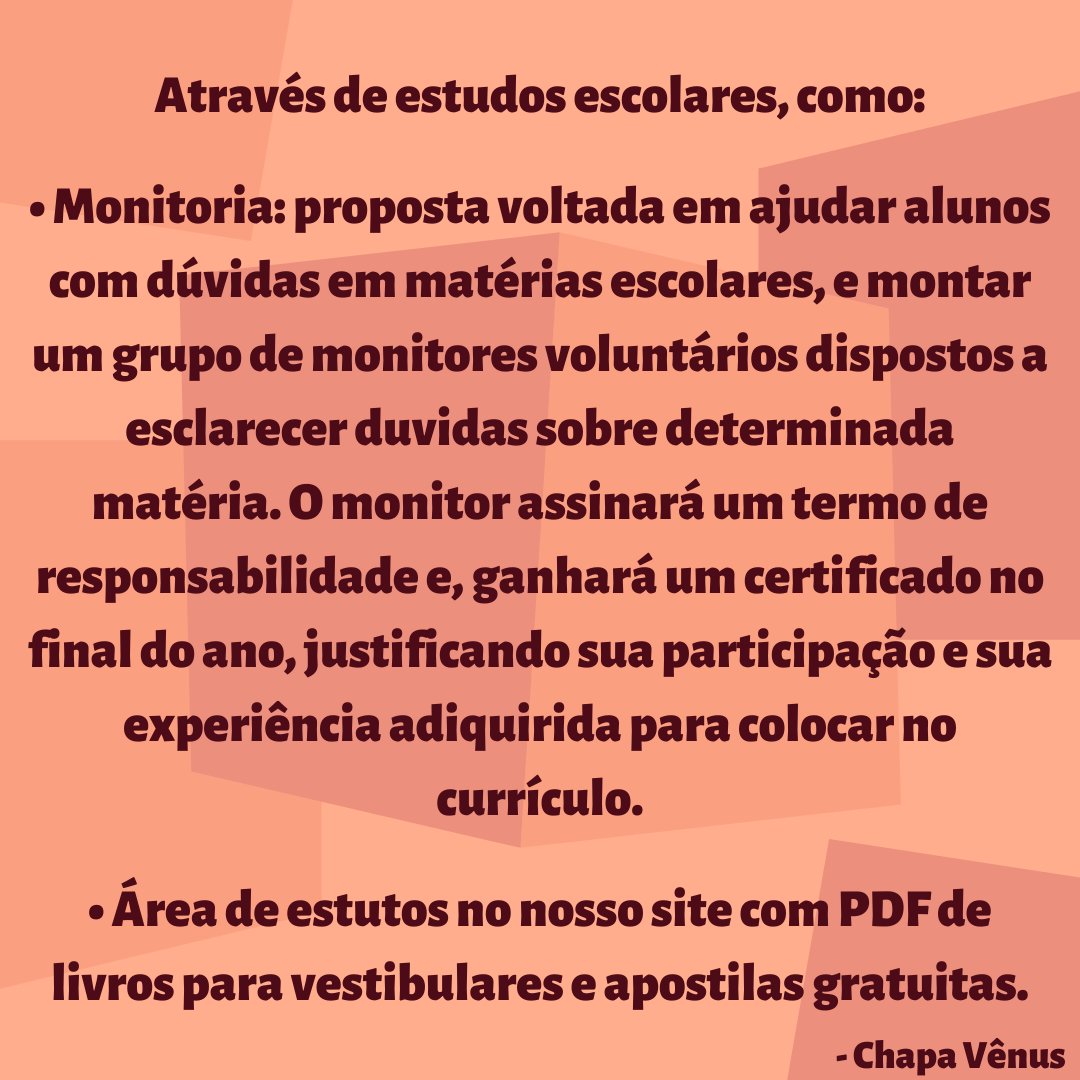 gremioetecap's tweet photo. Então diante desse problema, elaboramos essas propostas que têm como objetivo democratizar o conhecimento,  e dessa forma, abrir espaços para que haja a formação e discussão da opinião de todos.

#ExploreVenus https://t.co/i4m2vhMALH