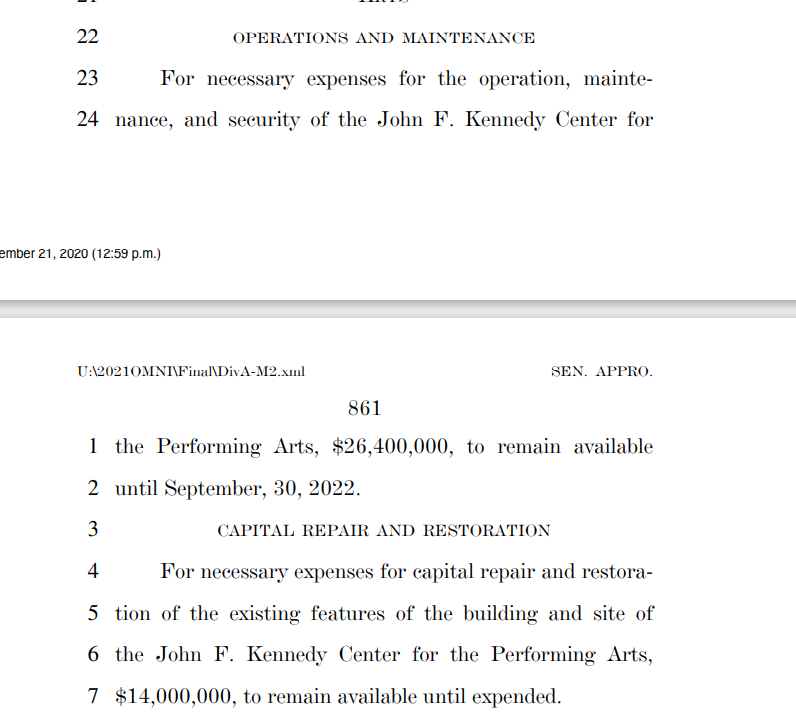Kennedy Center funding:$26,400,000 for operations/maintenance$14,000,000 for upgradesCan't have our elites going to black tie balls in a shithole, now can we?