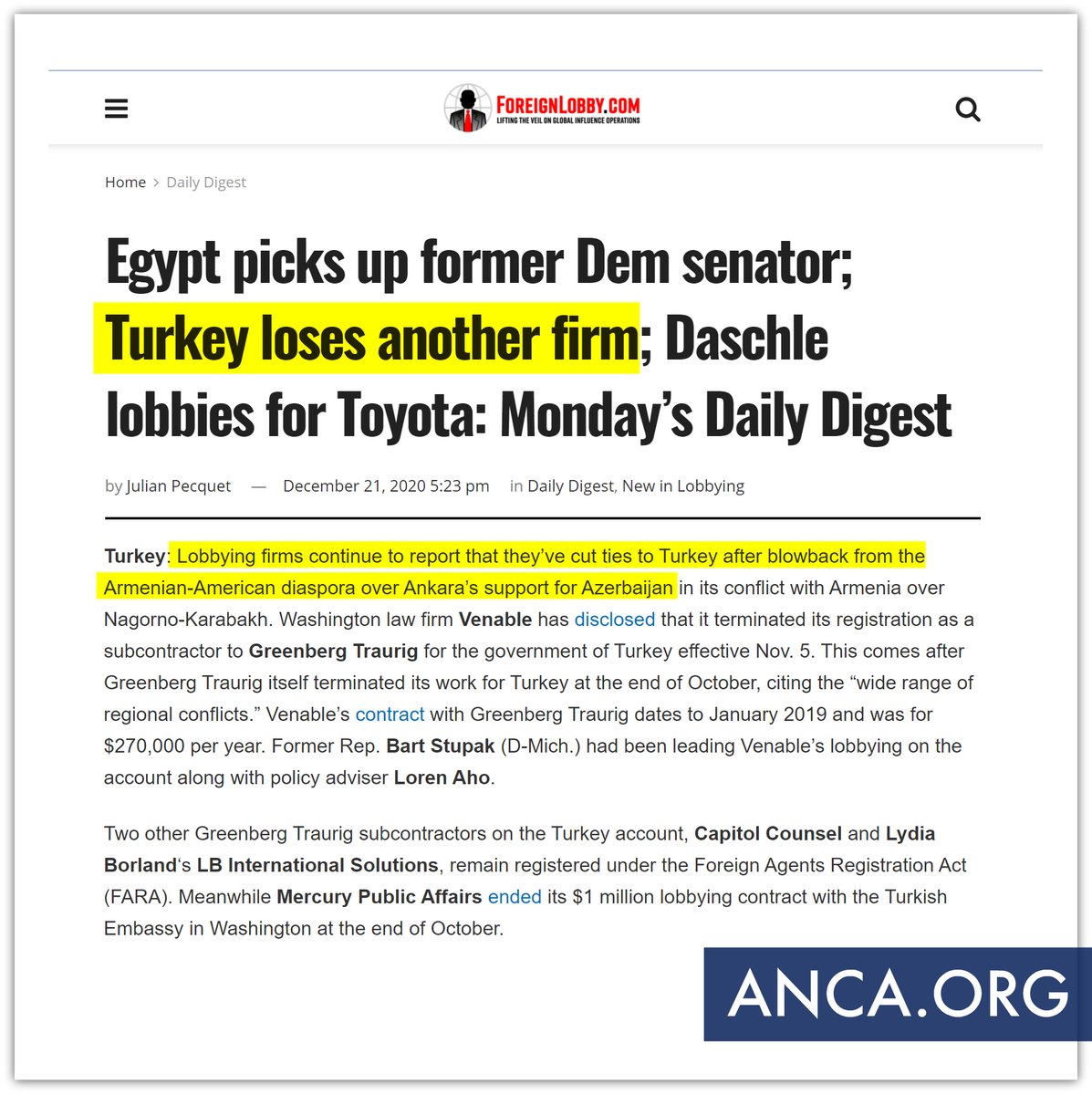 ANCA_DC's tweet photo. The law firm Venable (800+ attorneys) has terminated its contract with Turkey for $270,000 a year.

Under @ANCA pressure, Mercury Public Affairs, DLA Piper, Greenberg Traurig, and Livingston Group have previously cut ties with Turkey and Azerbaijan.

https://t.co/4ObifJNu8Q https://t.co/2JUpuKHpnT