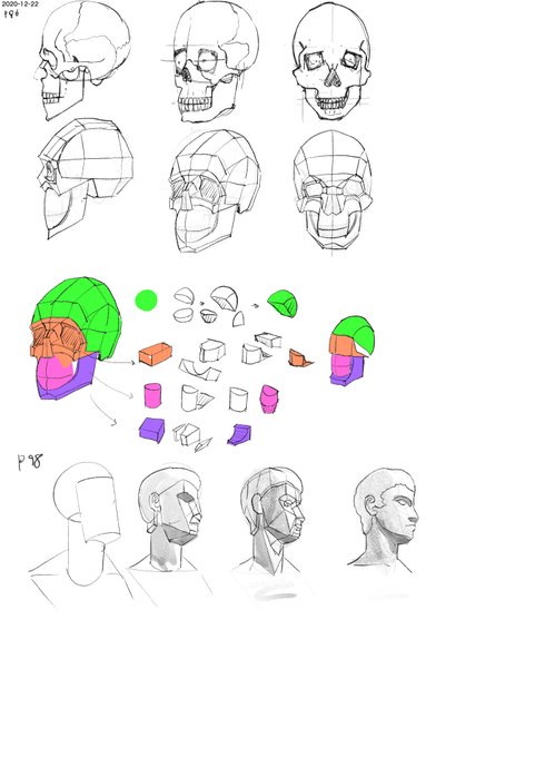 60m
骸骨ページ
前もそうだったがソッカの骸骨の書き方で描いたところは楽しかった
ポリゴン化するところがマジで苦痛だが確かに面に変換すると陰影とか分かりやすいな
#2020年12月27日 