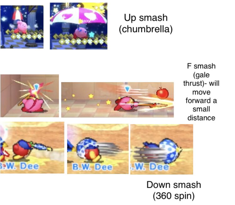I’m mostly sticking to spear and parasol moves cuz he canonically used both, even if he didn’t have moves like gale thrust or 2D parasol moves, it still makes sense right? No beam moves here tho cuz he never uses any (though I wouldn’t be opposed to it if sakurai uses them)