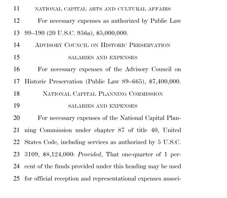 National Endowment for the Arts: $167,500,000National Endowment for Humanities: $167,500,000Commission of Fine Arts (7 members): $3,240,000Advisory Council on Historic Preservation: $7,400,000Our cultural betters are extremely well compensated.....by us.