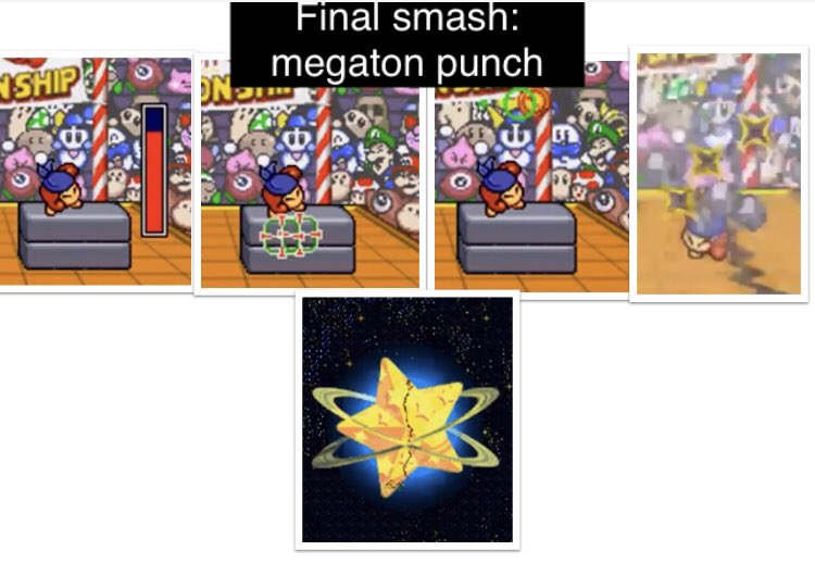 Final smash is the megaton punch mini game where you lay any opponents you catch in front of you in cinder blocks and do 3 button presses. Perfectly time all 3 and it’s an insta ko