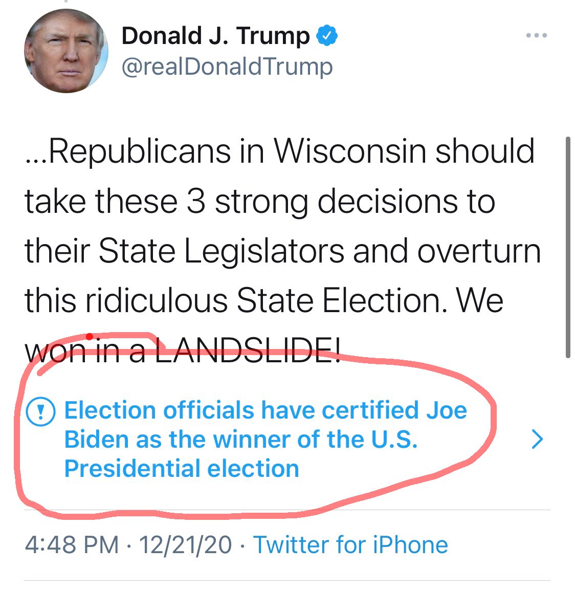 Amy_Siskind's tweet photo. Twitter has a new label for Don the Con's tweets, telling him straight out that Biden won.
womp womp. https://t.co/PcaABxD9ZT
