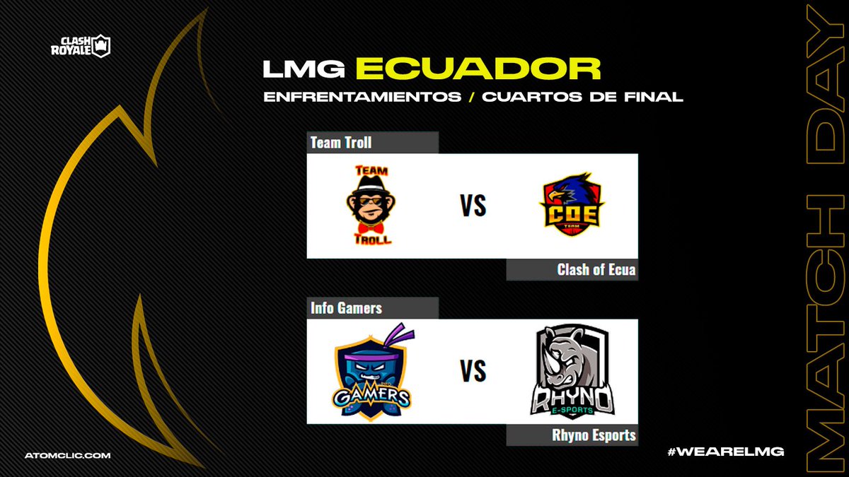 Wild Rift Ecuador 🇪🇨 (@lmgecuador) on Twitter photo ¡CUARTOS DE FINAL! 🇪🇨 🏆
Hoy desde las 8:30pm, tendremos los primeros partidos de Play Offs para conocer a los otros dos finalistas.
🛡 <a href="/TeamTroll_ec/">Team Troll ec</a> vs <a href="/clashofecuacr/">Clash Of Ecua</a>
🛡 <a href="/InfoGamersEcu/">Info Gamers</a> vs <a href="/Rhyno_eSports/">Rhyno eSports</a>
🎙 <a href="/Vemocri/">Vemocri</a>
📺 youtu.be/PpPRvp5yQAg
#LMGEcuador #ClashRoyale ¡CUARTOS DE FINAL! 🇪🇨 🏆
Hoy desde las 8:30pm, tendremos los primeros partidos de Play Offs para conocer a los otros dos finalistas.
🛡 <a href="/TeamTroll_ec/">Team Troll ec</a> vs <a href="/clashofecuacr/">Clash Of Ecua</a>
🛡 <a href="/InfoGamersEcu/">Info Gamers</a> vs <a href="/Rhyno_eSports/">Rhyno eSports</a>
🎙 <a href="/Vemocri/">Vemocri</a>
📺 youtu.be/PpPRvp5yQAg
#LMGEcuador #ClashRoyale