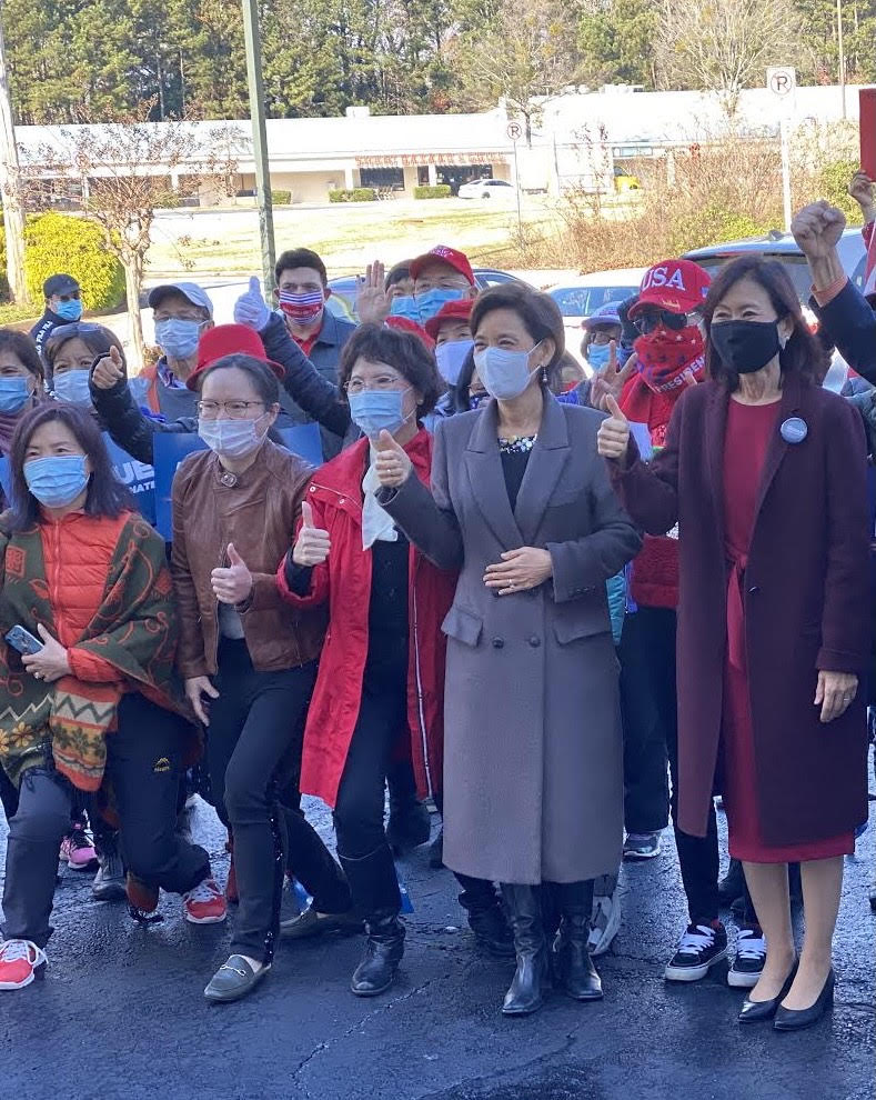 MichelleSteelCA's tweet photo. We’re on the ground in Georgia, door-knocking with @YoungKimCA &amp; volunteers to help elect @Perduesenate  and @KLoeffler. The #APA community is unstoppable! https://t.co/SdUHDgkScx