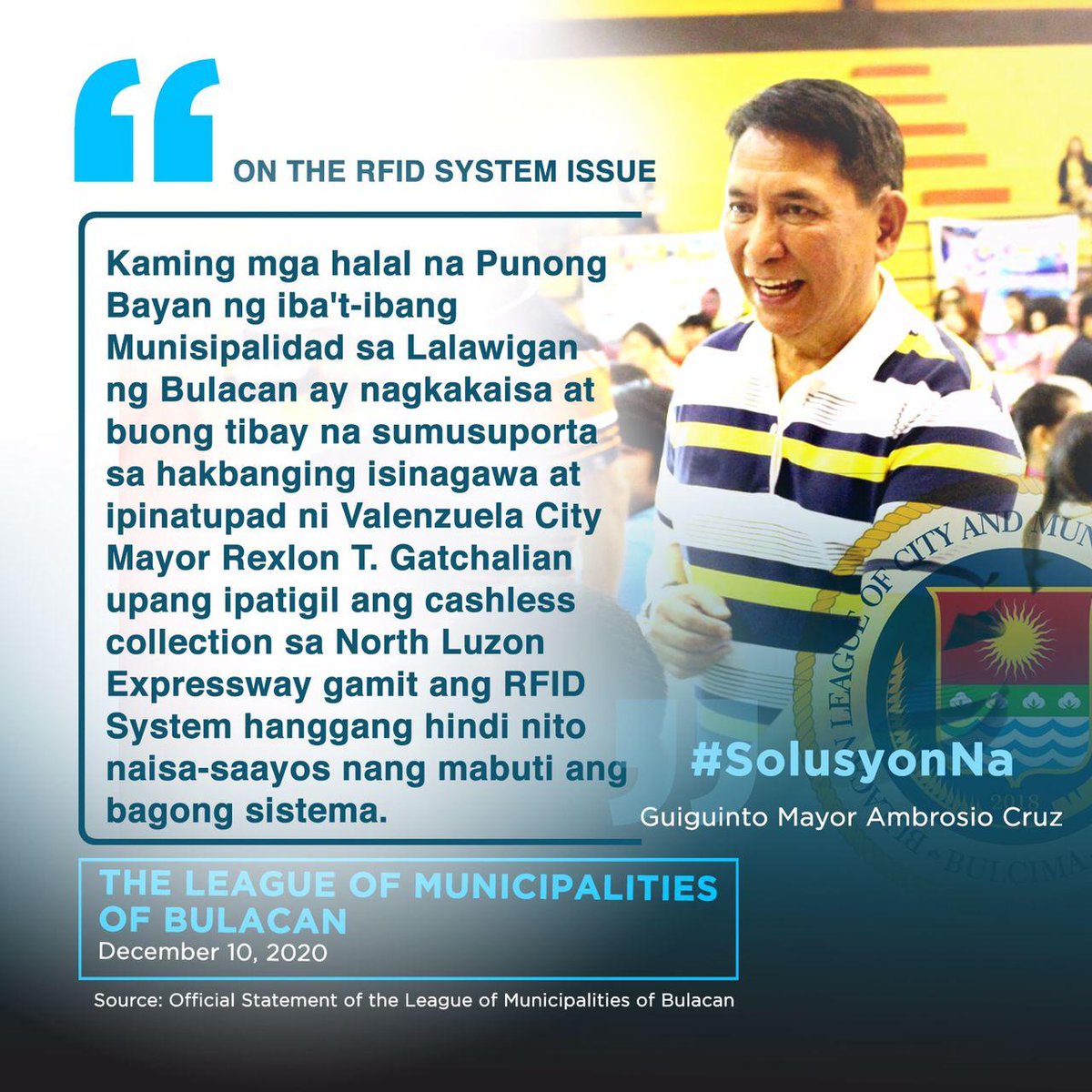 valenzuelacity's tweet photo. Maraming salamat sa suporta ng League of Municipalities of Bulacan, sa pangunguna ni Guiguinto Mayor Ambrosio Cruz, sa ating adhikain na maging maayos ang RFID system para sa ikagiginhawa ng ating mga motorista na nanggagaling sa Bulacan.
#SolusyonNa https://t.co/U859gNLoiy
