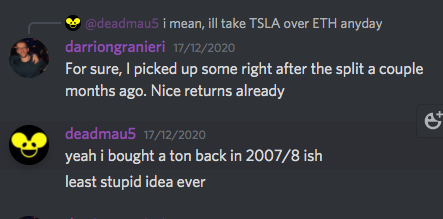 11/I jumped onto the  @SuperRare discord and was stunned to see how active  @deadmau5 was on there. I had no idea how deep the guy was into 3d animation, he clearly knows his technical shit. Not only that, he's a proper degen too, having bought a stack of  $TSLA back in 2007 