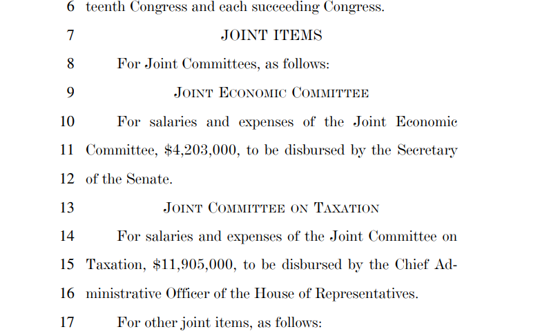 $4,203,000 for salaries/expenses for the House Joint Committee on taxation. Too perfect.