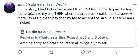 14/To top it all off, it was clear to me that this was not only the first NFT that  @deadmau5 and  @sutu_eats_flies had created, it was also the very first time either had set up wallets, plus the eth from the winning bid would be the very first ETH either had received!