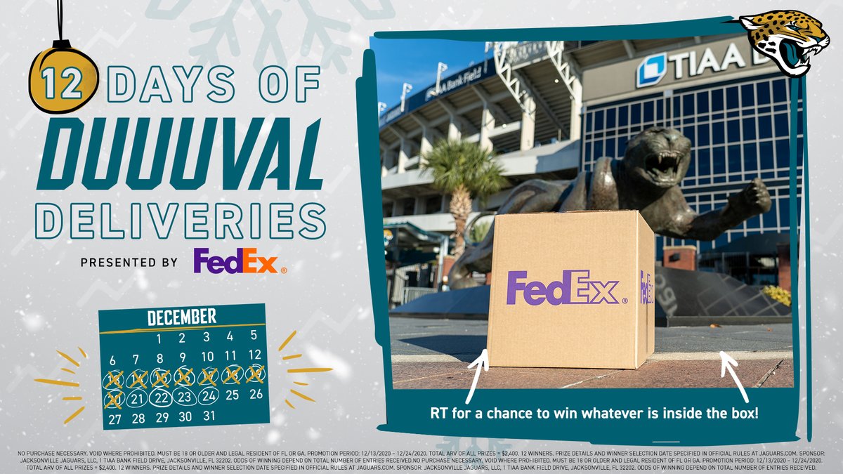 We have some special deliveries for you, #DUUUVAL

RT for a chance to win whatever is inside the <a href="/FedEx/">FedEx</a> box!
Rules: jagrs.net/12Days