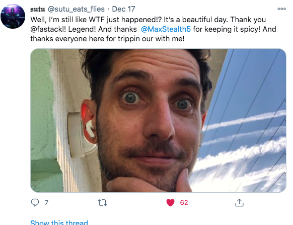 18/I don't know whether it was because  @maxwealth5 is more sensible than I am (not a huge hurdle), or whether he got distracted by BTC pumping past 20k that day. Whatever the reason, I saw the clock tick down to zero, and I punched the air and let out a yelp in my office. I won!