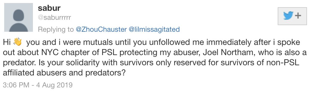 PSL's pinned tweet features  #MeToo   abuser Joel Northam. https://archive.is/C2Q4U  https://archive.is/64rZZ 