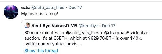 16/I bid again, this time for a bit over 50 eth. Not long after,  @MaxStealth5 upped the bid by 15 ETH to 65 ETH . I checked out his wallet and, suffice to say I was woefully outgunned. The guy could bankrupt me 10 times over without breaking a sweat if he really wanted to 