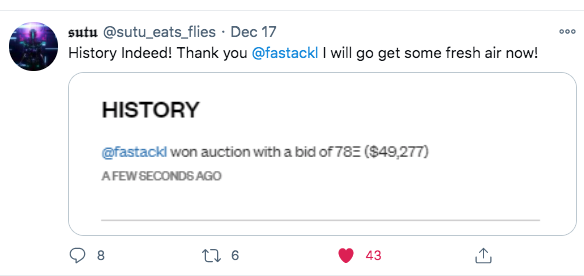 19/After I won I was totally wired, not unlike  @sutu_eats_flies I think haha. I tried to unplug from the whole NFT thing for a day. The next day I expected to feel buyers' remorse, but it was the complete opposite. I was super excited to continue exploring the NFT space