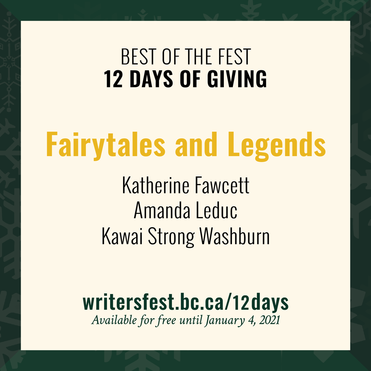 It's Day 9, and we're releasing Fairytales and Legends featuring <a href="/604Fawcett/">Katherine Fawcett</a>, <a href="/AmandaLeduc/">Amanda Leduc</a> and @incrediblekdub, moderated by <a href="/IndianSummerCND/">Indian Summer Festival</a>'s <a href="/sirishr/">Sirish Rao</a>. Head over to writersfest.bc.ca/12days to view this event now.