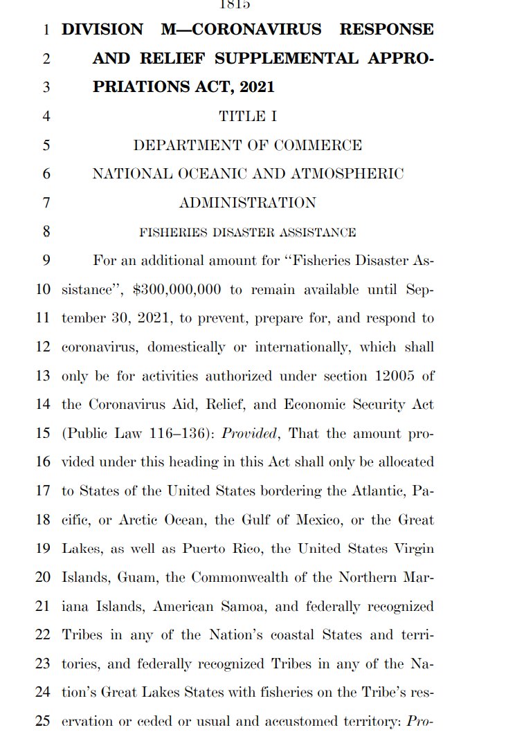 Alrighty we're past regular appropriations, into COVID relief.First up, ANOTHER $300,000,000 for NOAA fisheries. why is it always $300,000,000 for fisheries?
