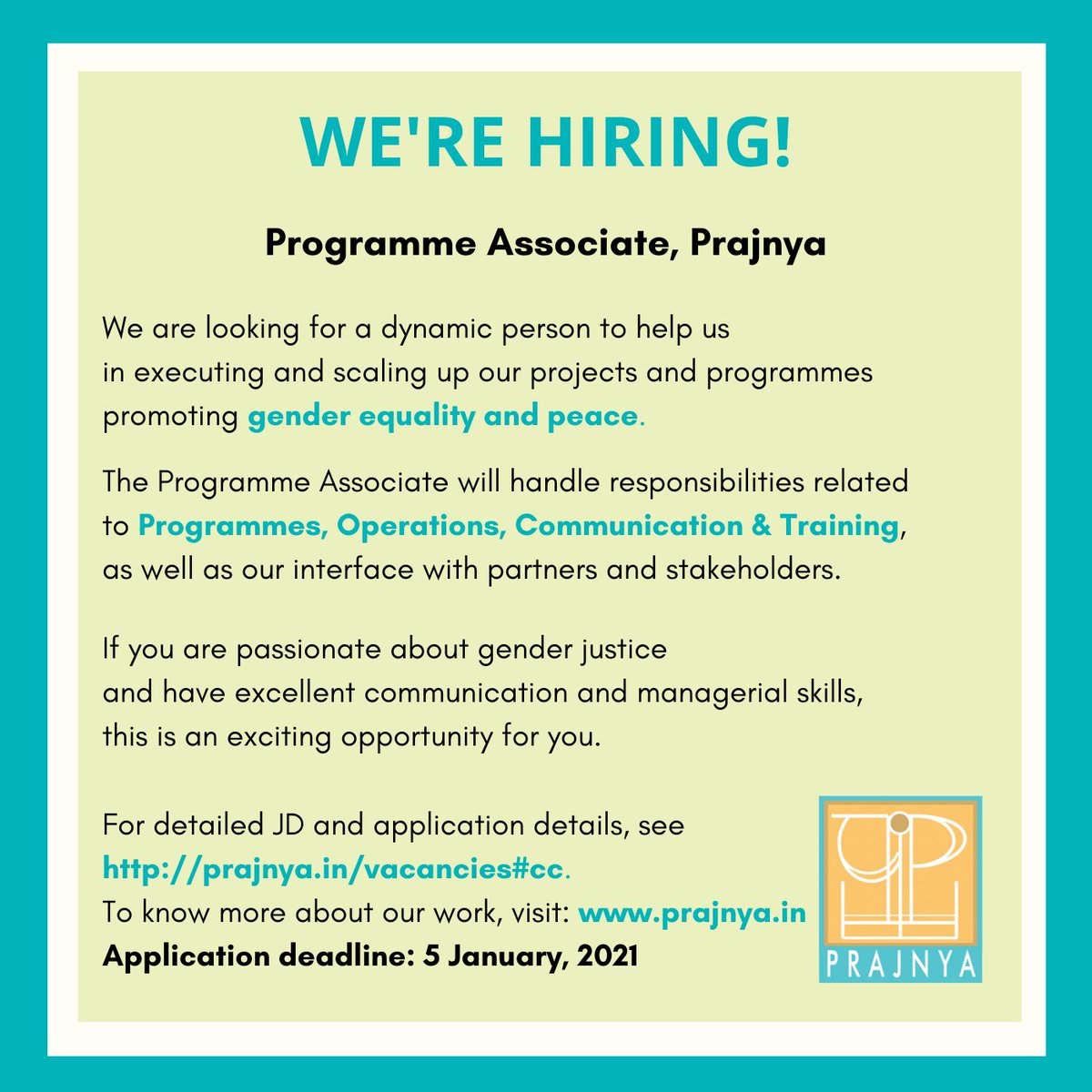 You saw it here first, so share or apply, without delay!
We are looking for a Programme Officer. Application deadline: January 5, 2021. 
#Chennai #vacancy 

bit.ly/2S7SHIh