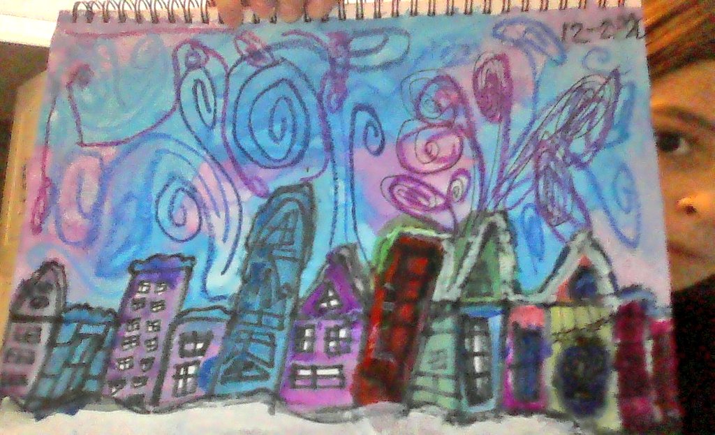 JuliaGoggi's tweet photo. Snowy village with a trace of Van Gogh-esque swirls. Third graders selected their own layout and mediums. #academicchoice #remotestudio #atelierathome @WPSSicomac https://t.co/F6SQiqQAxE