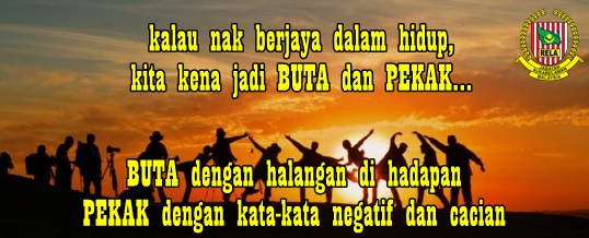kalau nak berjaya dalam hidup, kita kena jadi BUTA dn PEKAK..
BUTA dengan halangan dihadapan, PEKAK dengan kata-kata negatif dan cacian...
<a href="/relamalaysia/">relamalaysia</a>
<a href="/rela_wilayah/">RELA WP Kuala Lumpur</a>
 
#setiaberbakti 
#KitaJagaKita
#stayathome
#MalaysiaBebasCovid19